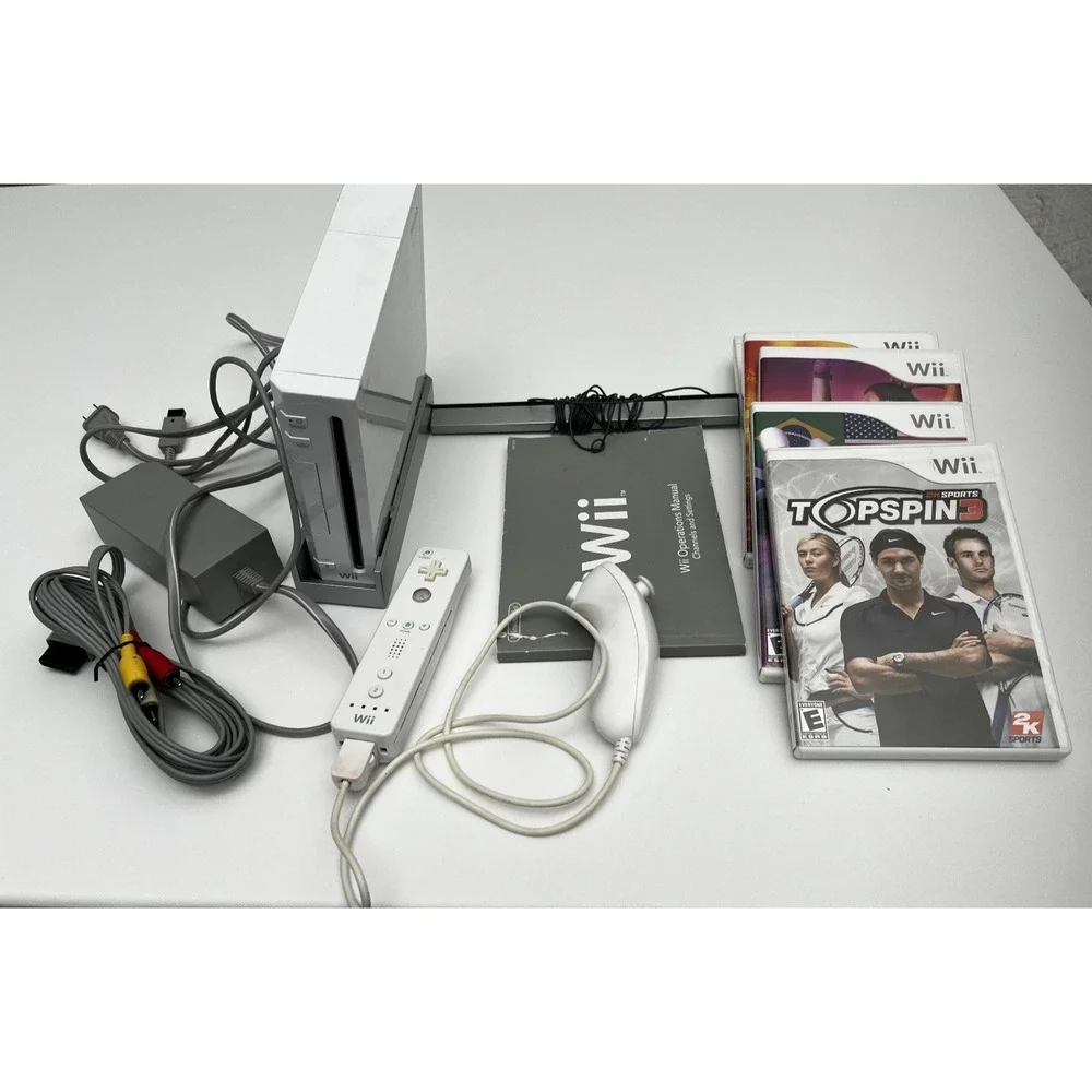 Nintendo Wii Video Game System RVL-001 Console Bundle Tested Retro + 5 Wii Games
